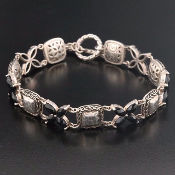 John Hardy Paul Sterling and Black Sapphire Hammered Square Link Bracelet - Picture 1 of 5
